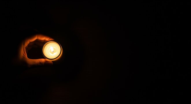 Hand of a man holding a small lit candle in a darkened room for All Saints' Day. Memorial and prayer vigil concept.