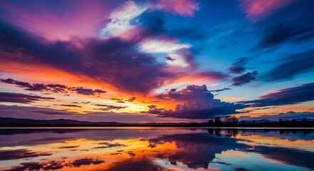 Vibrant Sunset Over Calm Water Reflection.