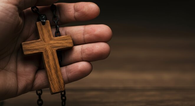 Man holding wooden christian crucifix in hand for All Saints' Day. Belief and worship concept for catholic holiday.