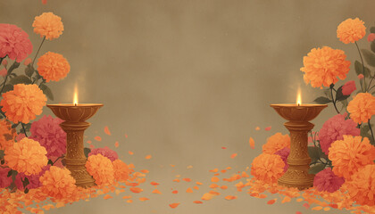 Decorative Diwali, Dussehra poster background with brass oil lamps, marigold flowers and petals on beige  and yellow background, festive template for greeting cards and invitations