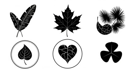 A collection of six black and white leaf illustrations including maple leaf, heart leaf and others designs