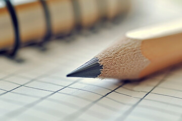 Close-up of a pencil on a notebook with a grid, illustrating the concept of writing and studying