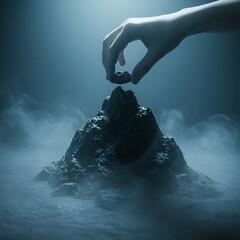 Obraz premium A human hand carefully places a small rock onto a dark, mist-shrouded mountain peak, symbolizing creation, foundation, and the delicate balance of an enigmatic scene.