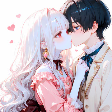 キスをするカップル。アルビノの少女と碧眼の青年のバレンタインデー。日本の漫画風のAIイラスト
