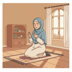 Muslim woman sitting in prayer (Salah/Namaz) inside a room, a peaceful vector illustration representing Islamic religious worship, faith, spirituality, and tradition.