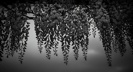 Overhead view of wisteria flowers against a cloudy sky in black and white