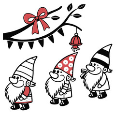 Vector illustration of three cheerful cartoon gnomes with striped hats standing under a decorative branch with bow bunting and hanging ornament. Perfect for holiday cards party decor and festive desig