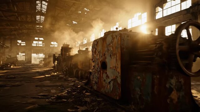 Abandoned factory interior with rusting machinery and broken windows, golden sunlight cutting through dust, evoking decay, neglect, industrial ruin and faded industry heritage