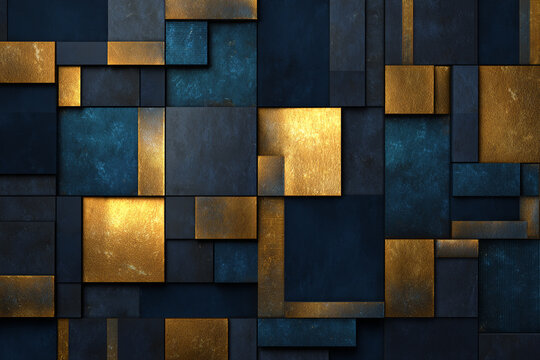Abstract gold and blue geometric square wall design