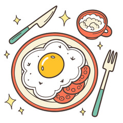 Adorable breakfast vector illustration featuring a sunny-side-up egg, sausages, and a cup of coffee, decorated with sparkling accents. Includes knife and fork on the side, perfect for cafe menus, food