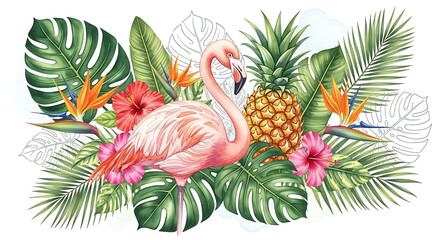 Fototapeta premium Tropical flamingo surrounded by lush green leaves and flowers.
