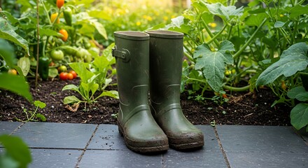 Pair of green rubber boots in garden sunlight close up