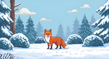 Pixel Art Fox in Snowy Forest Scene with Pine Trees and Clouds