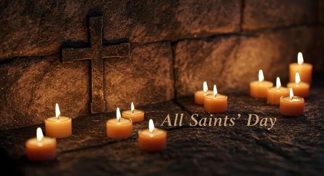 All Saints' Day candles burning near a stone cross. Religious celebration and remembrance concept. Design element for spiritual themes. copy space - Powered by Adobe