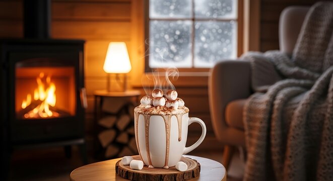 Cozy Winter Hot Chocolate by Fireplace.