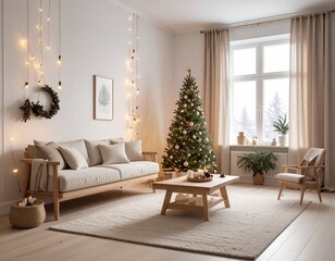 A minimalist Scandinavian-style Christmas interior with natural wood accents, neutral tones, twinkling fairy lights, and cozy textures — modern and peaceful holiday design