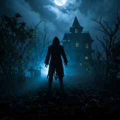A mysterious hooded figure stands before a spooky haunted mansion under a full moon, shrouded in an eerie blue mist, creating a chilling Halloween night scene.
