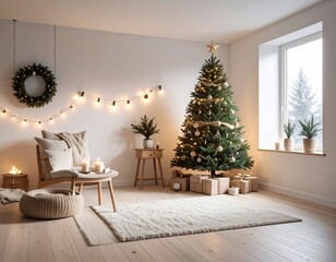 A minimalist Scandinavian-style Christmas interior with natural wood accents, neutral tones, twinkling fairy lights, and cozy textures — modern and peaceful holiday design