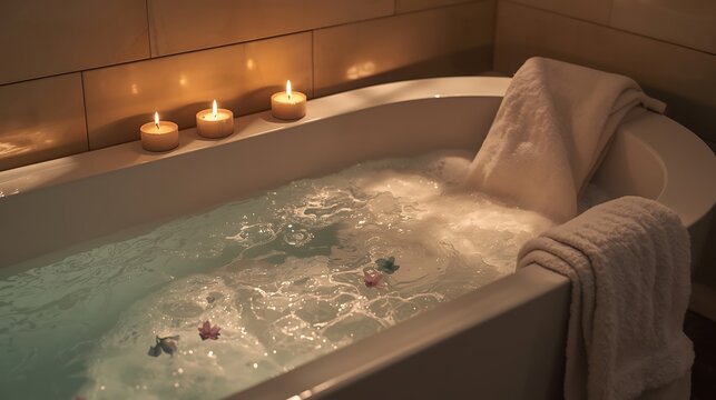 Bubbling bathtub with candles and towels, creating a relaxing spa atmosphere