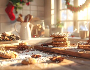 Holiday kitchen scene with fresh baked cookies, cinnamon sticks, and festive decorations, bathed in warm morning light — cozy and homely vibe
