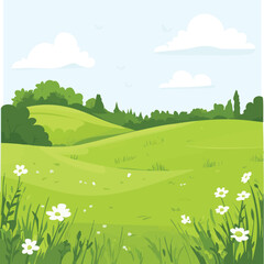 Fototapeta premium Green hills, bright sky, wildflowers