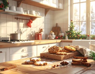 Holiday kitchen scene with fresh baked cookies, cinnamon sticks, and festive decorations, bathed in warm morning light — cozy and homely vibe