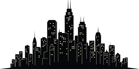 Night city skyline silhouette vector of modern buildings with lit windows, spires, and urban architecture for metropolitan design themes © Vex flow