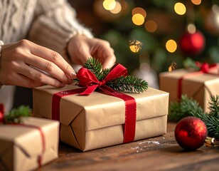 Close-up of hands wrapping Christmas gifts with kraft paper, red ribbon, and pine twigs, surrounded by ornaments and soft lights — rustic and cozy holiday prep