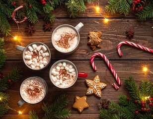 Top-down view of a rustic wooden table with hot chocolate mugs, gingerbread cookies, candy canes, pine branches, and fairy lights — warm holiday flat lay
