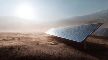 Solar panels installed in a vast arid desert landscape with mountains and atmospheric haze under bright sunlight