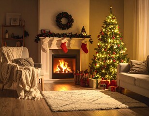 A warm living room decorated for Christmas with a lit fireplace, glowing Christmas tree, soft blankets, and stockings hanging above the mantel — cozy, inviting atmosphere at night