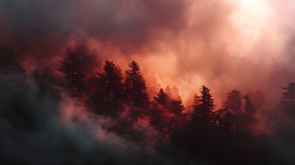 Obraz premium Dramatic red and orange light illuminates a misty forest landscape at dusk with silhouetted trees shrouded in atmospheric smoke