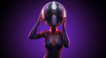 Person with disco ball head on purple background abstract portrait