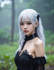 A gothic girl alone in heavy rain