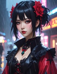 A gothic girl alone in heavy rain