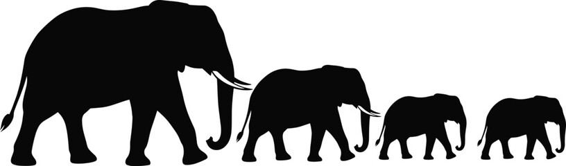 Elephant family silhouette vector with five walking figures in descending size for wildlife, nature, and animal group themes