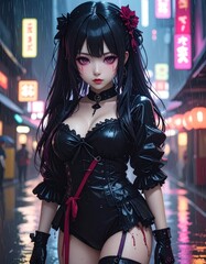 A gothic girl alone in heavy rain