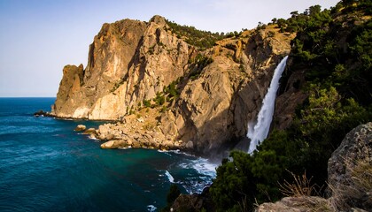 Coastal Waterfall Cascading Over Rocks