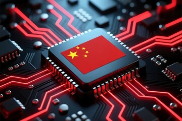 Electronic circuit board. Semiconductor microchip with China flag. Country leadership in global chip manufacturing and advanced technology innovation. precision engineering, digital industry