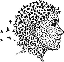 Human Head Silhouette Made of Flying Birds – Symbolic Illustration of Freedom, Imagination, Transformation, and Creative Thought Expression