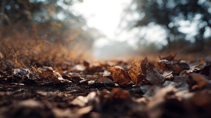 Fototapeta premium A close up view of dry fallen autumn leaves covering a forest path with soft misty sunlight in the background