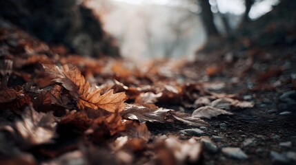 Fallen autumn leaves on a forest path illuminated by warm sunlight conveying seasonal change