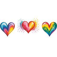 Three colorful watercolor hearts representing love romance and artistic creative design