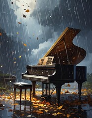 A piano on a cliff during a heavy rainstorm
