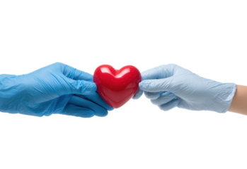 Two gloved hands exchanging a red heart symbol in a caring gesture during a health-focused event or campaign