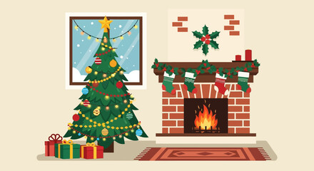 Festive Christmas scene with decorated tree, fireplace, and gifts creating a cozy atmosphere at home