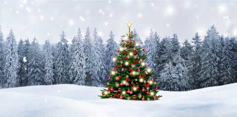 Winterliche Weihnachtsstimmung mit Schnee und Weihnachtsbaum