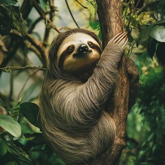 Fototapeta premium Sloth in its Habitat: A captivating capture of a sloth gracefully perched on a tree branch, surrounded by lush greenery, representing the serene beauty of the jungle.