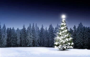 Winterliche Weihnachtsstimmung mit Schnee und Weihnachtsbaum