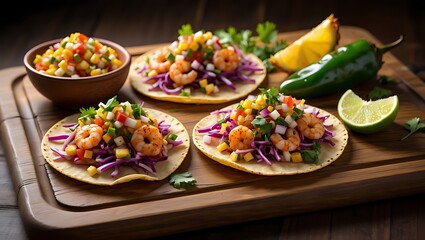 Fototapeta premium Delicious Shrimp Tacos with Colorful Salsa and Fresh Lime